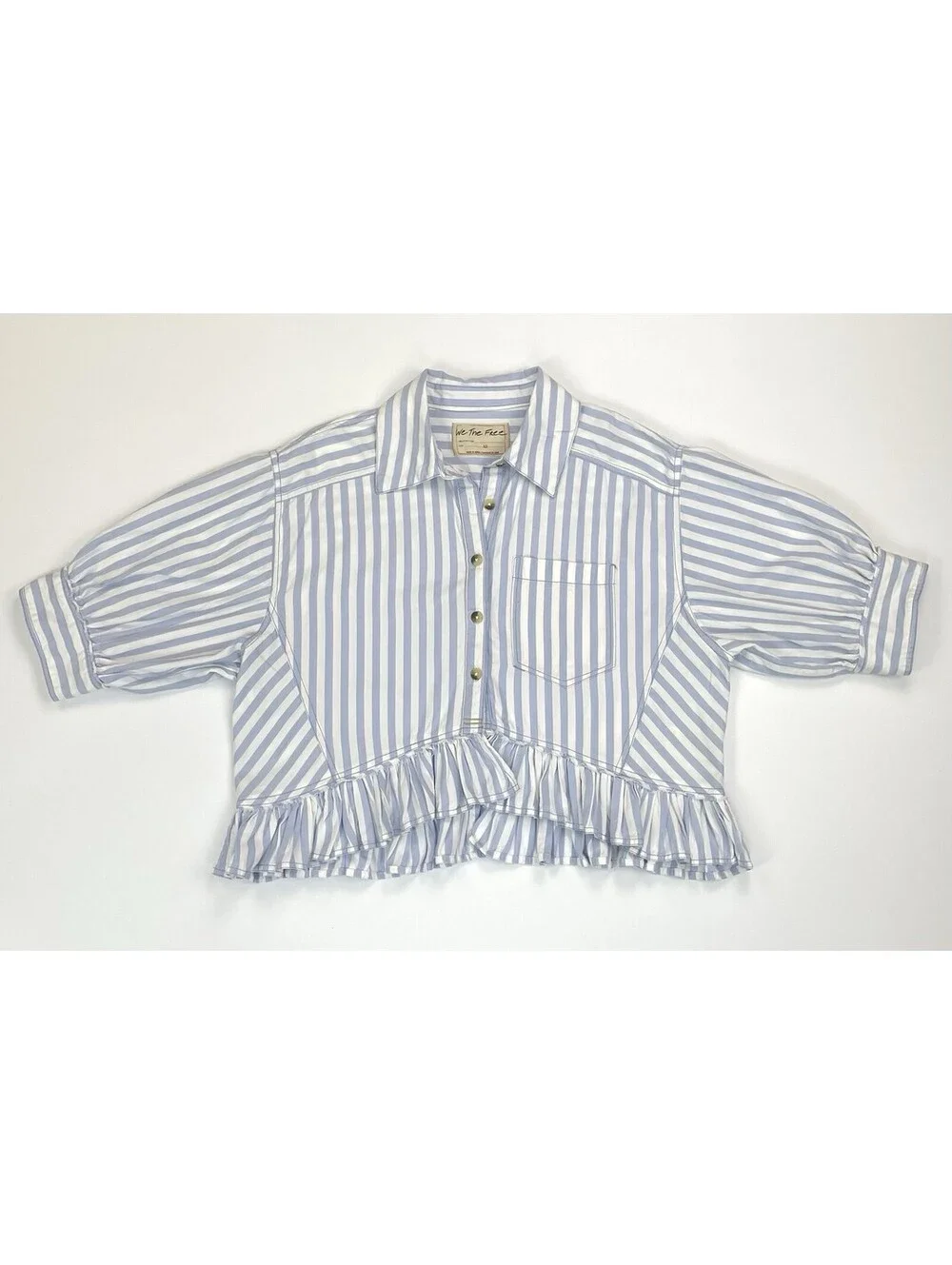 Free People We The Free Bailey Stripe Shirt Blue Cropped Ruffle Blouse XS - Picture 2 of 8
